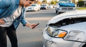 Persona documentando daños tras accidente con conductor sin seguro
