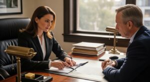 Abogado revisando documentos legales con un cliente sobre un caso de lesiones personales