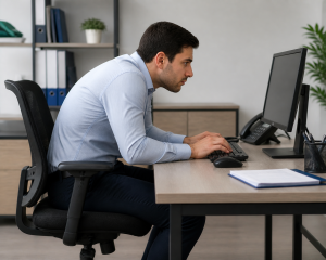 Empleado con postura incorrecta frente al equipo de oficina