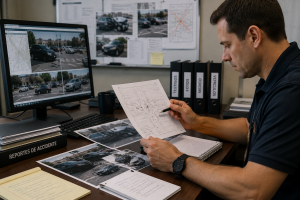 Investigador revisando fotografías, reportes policiales y diagramas de accidente en una oficina mientras analiza la responsabilidad de varias partes involucradas