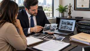Abogado revisando fotografías como evidencia de accidente