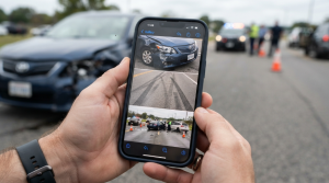 Fotografías de daños y evidencia de accidente en un teléfono móvil