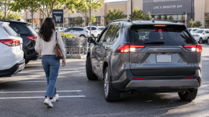 Vehículo retrocediendo cerca de un peatón en estacionamiento